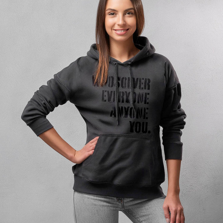 Charcoal gray pullover hoodie with Whosoever Graphic based on John 3:16