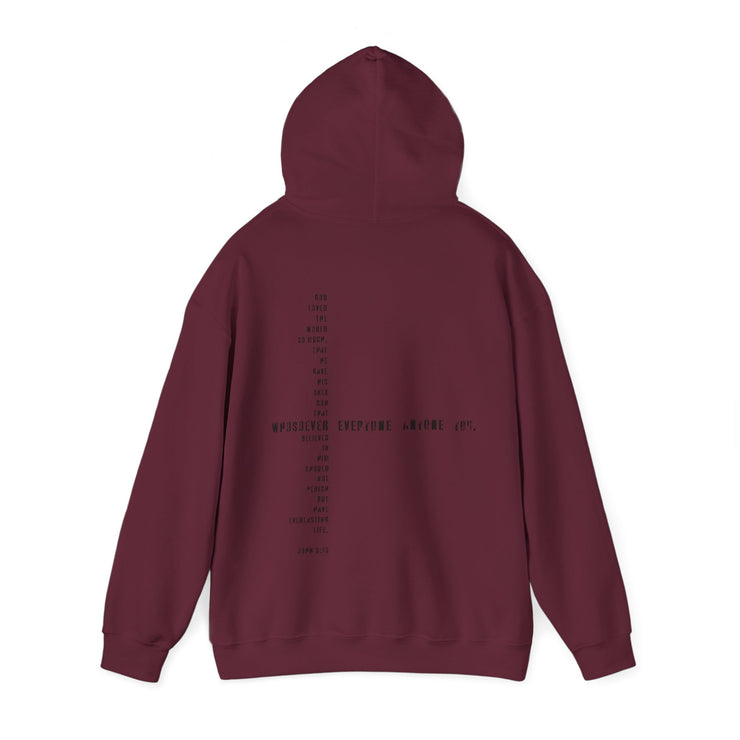 Maroon pullover hoodie with Whosoever Graphic based on John 3:16