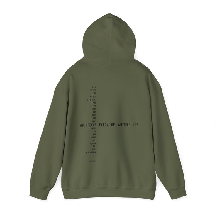 Olive green pullover hoodie with Whosoever Graphic based on John 3:16