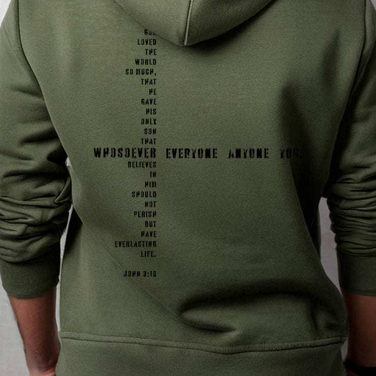 Olive green pullover hoodie with Whosoever Graphic based on John 3:16
