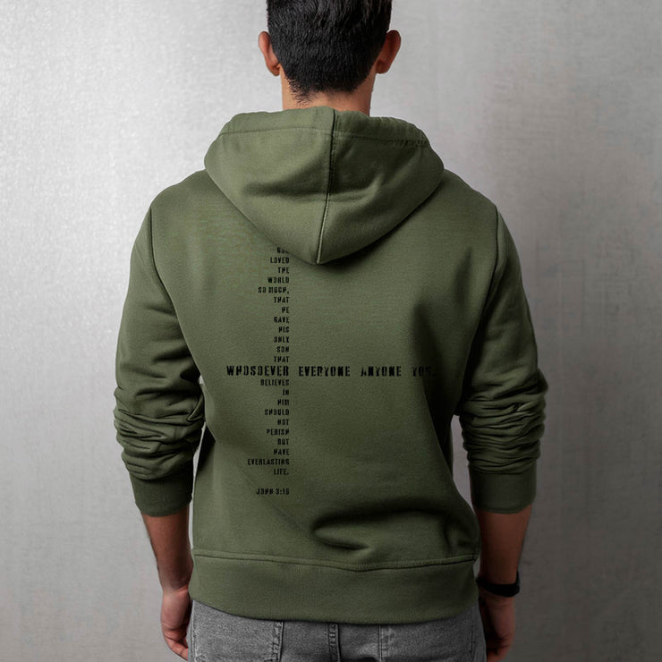 Olive green pullover hoodie with Whosoever Graphic based on John 3:16