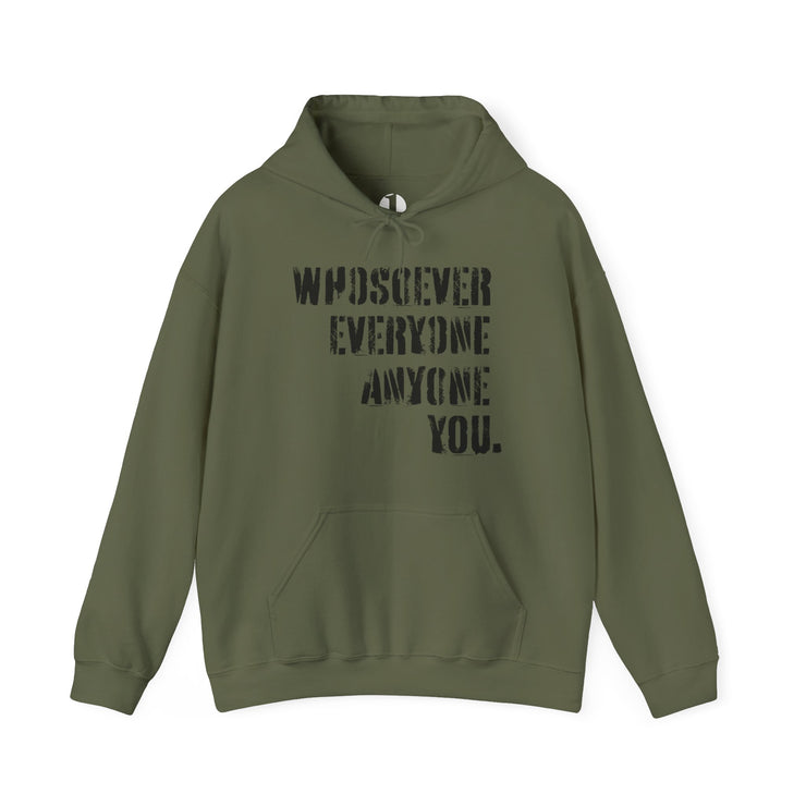 Olive green pullover hoodie with Whosoever Graphic based on John 3:16
