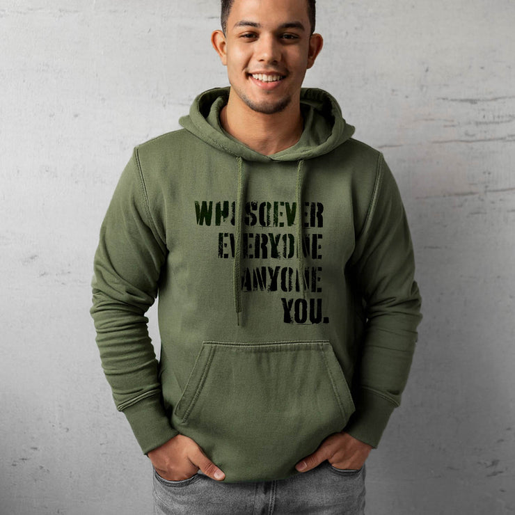 Olive green pullover hoodie with Whosoever Graphic based on John 3:16