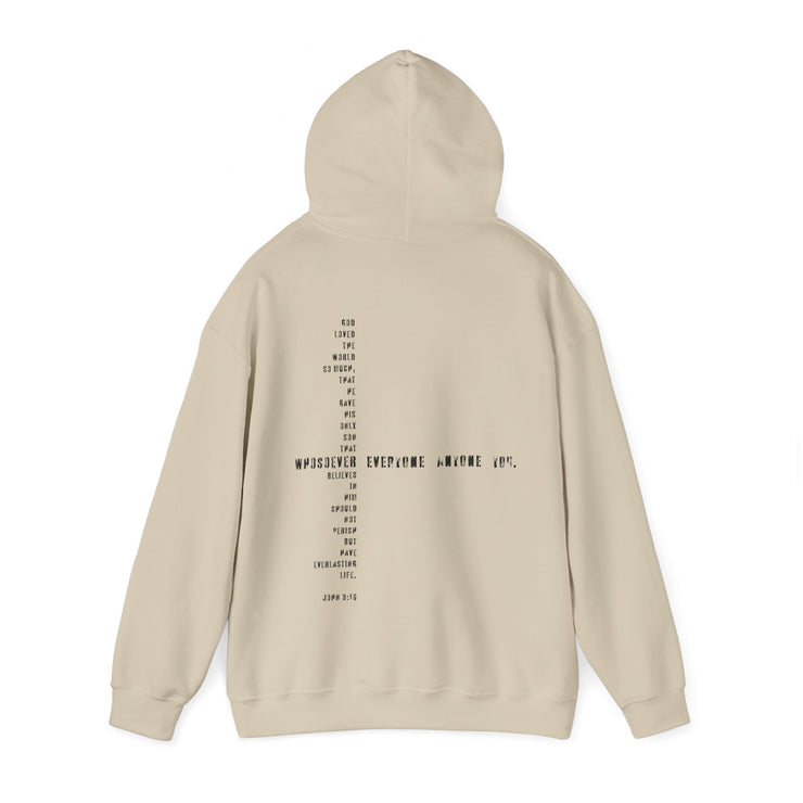 Sand pullover hoodie with Whosoever Graphic based on John 3:16