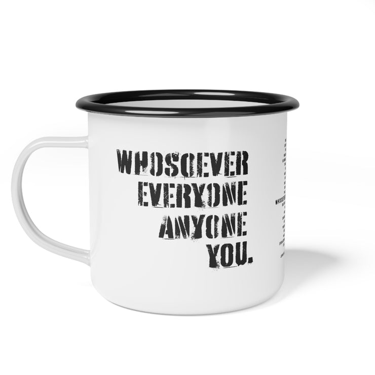 White campsite mug with Whosoever Graphic based on John 3:16