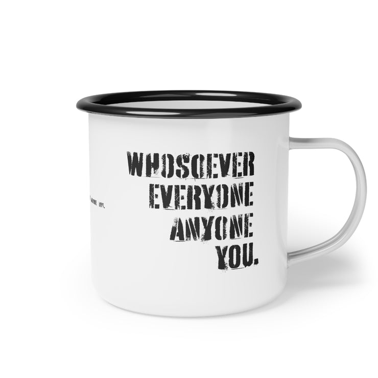 White campsite mug with Whosoever Graphic based on John 3:16