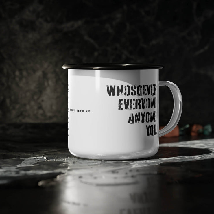 White campsite mug with Whosoever Graphic based on John 3:16