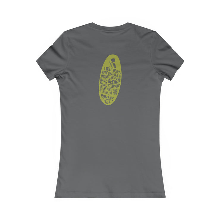 Asphalt gray women T-shirt with Wild Olive graphic based on Romans 11:17