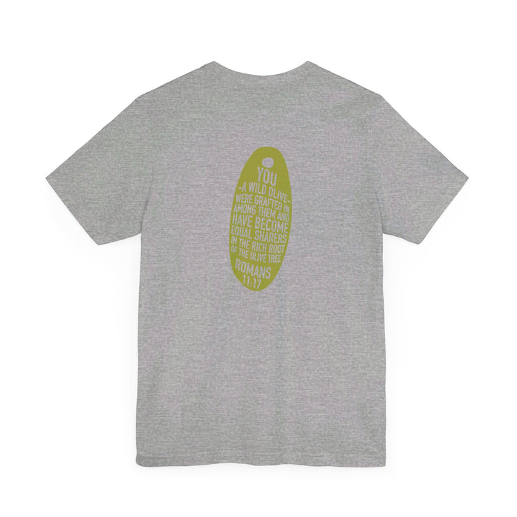 Athletic heather unisex T-shirt with Wild Olive graphic based on Romans 11:17