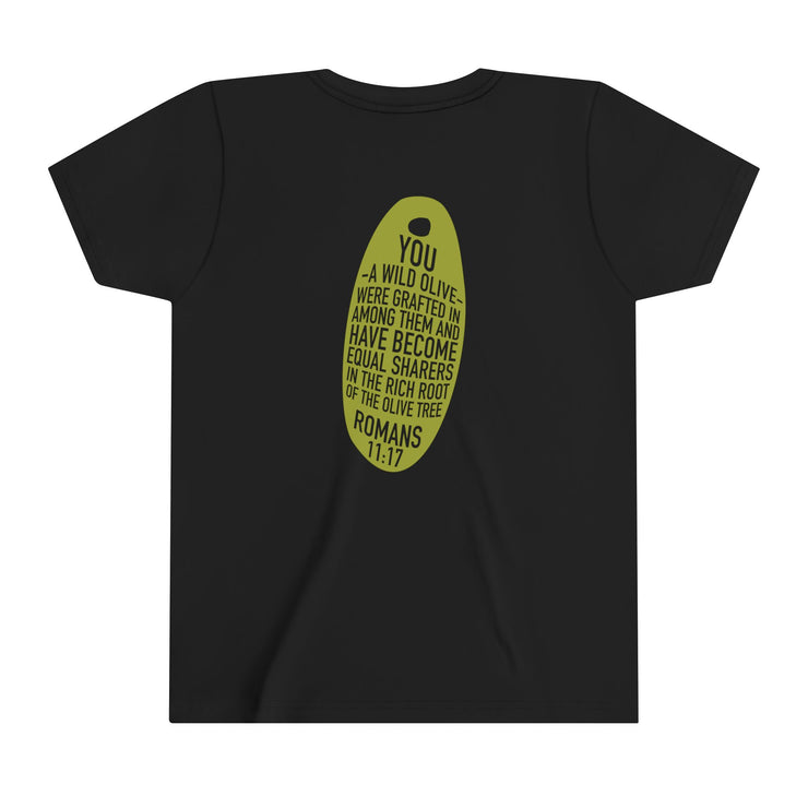 Black heather youth T-shirt with Wild Olive graphic based on Romans 11:17