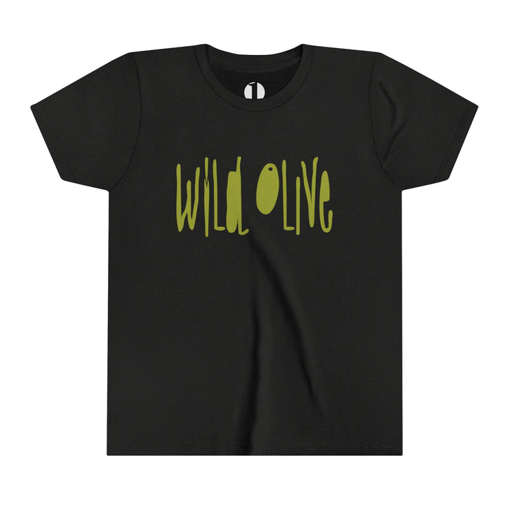 Black heather youth T-shirt with Wild Olive graphic based on Romans 11:17
