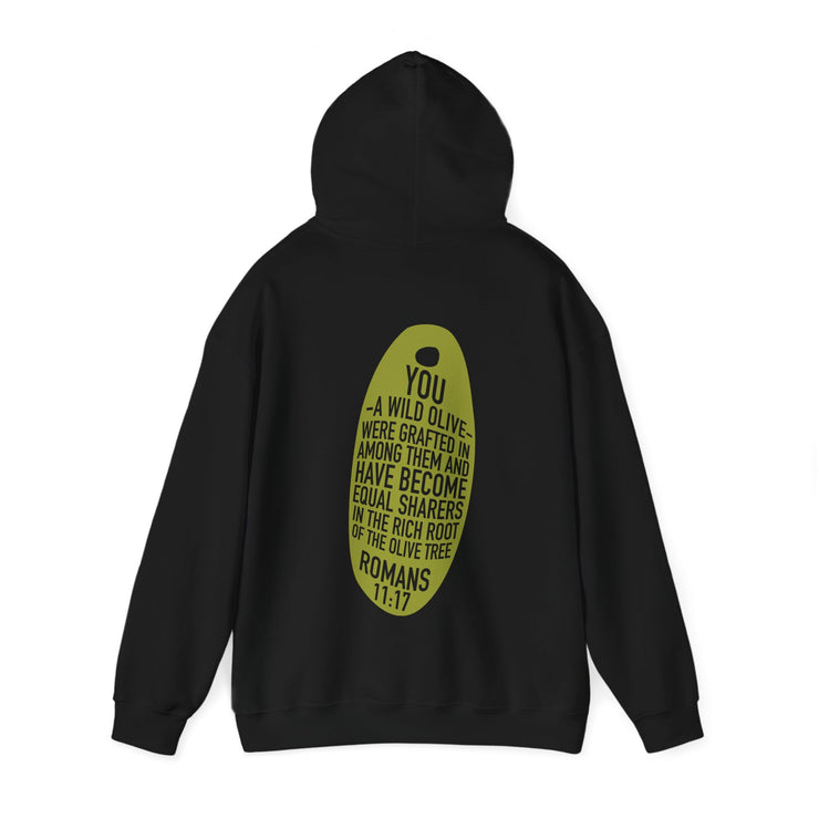 Black pullover hoodie with Wild Olive graphic based on Romans 11:17