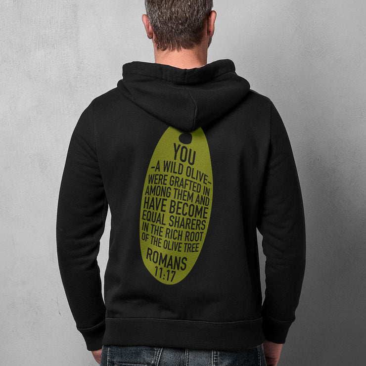 Black pullover hoodie on male model with Wild Olive graphic based on Romans 11:17
