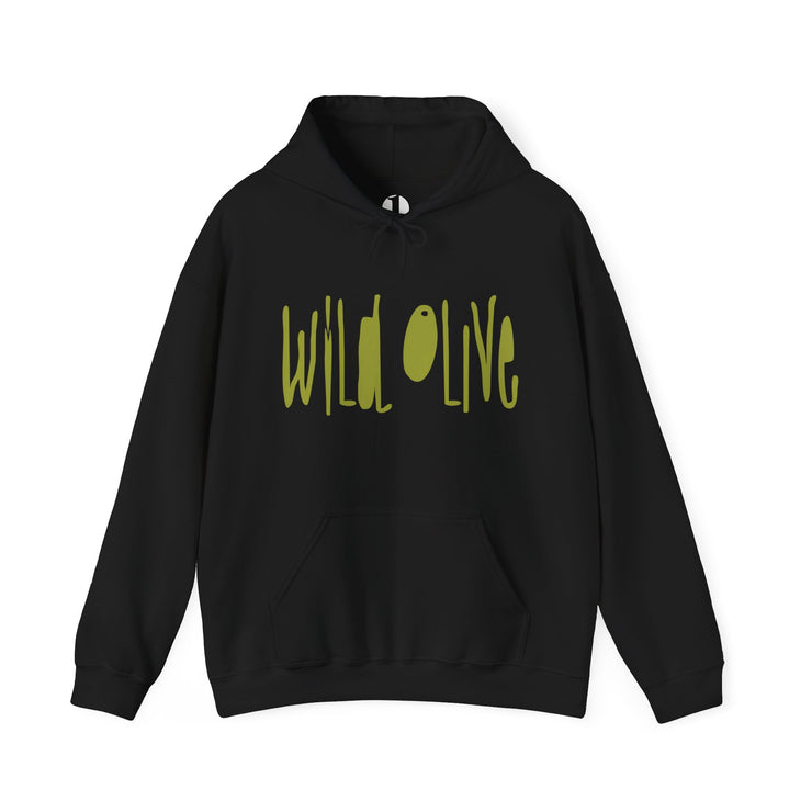 Black pullover hoodie with Wild Olive graphic based on Romans 11:17