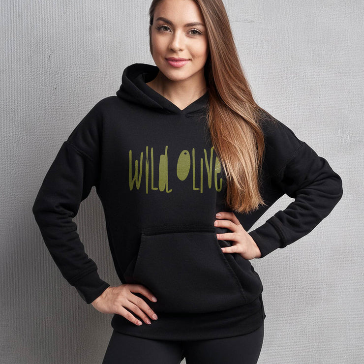 Black pullover hoodie one female model with Wild Olive graphic based on Romans 11:17