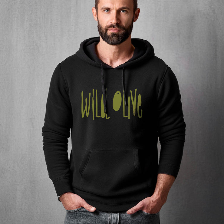 Black pullover hoodie on male model with Wild Olive graphic based on Romans 11:17