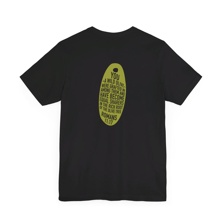 Black unisex T-shirt with Wild Olive graphic based on Romans 11:17