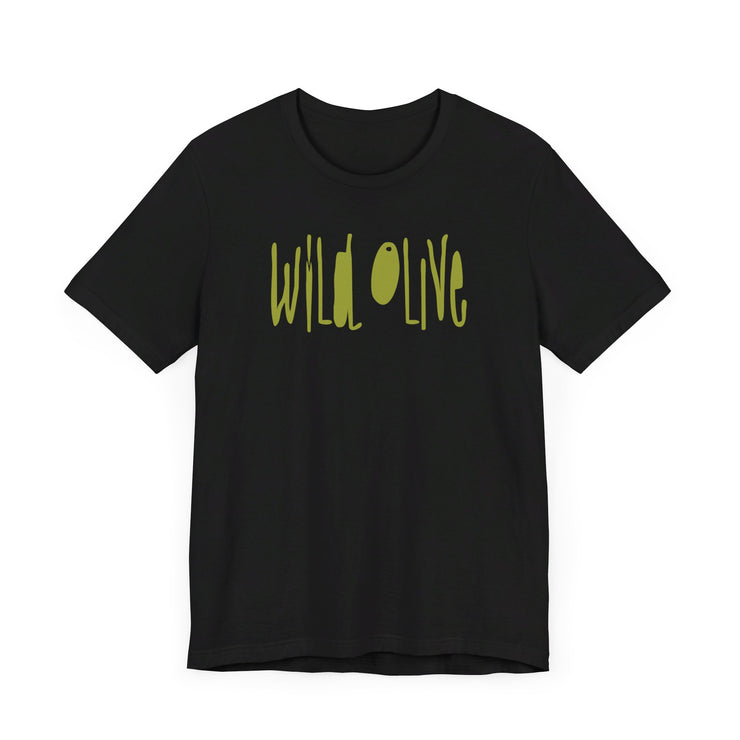 Black unisex T-shirt with Wild Olive graphic based on Romans 11:17