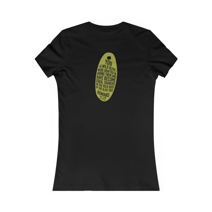 Black women T-shirt with Wild Olive graphic based on Romans 11:17