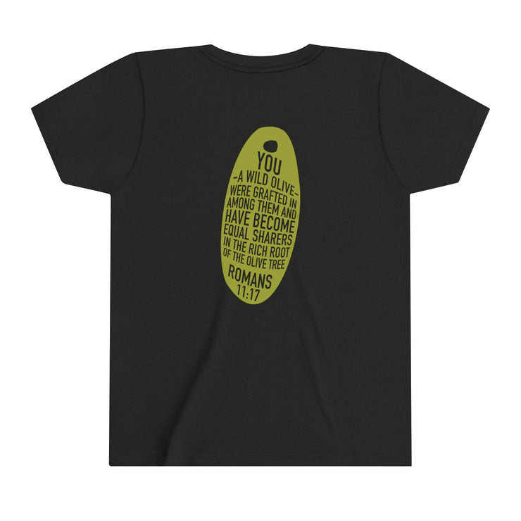 Black youth T-shirt with Wild Olive graphic based on Romans 11:17