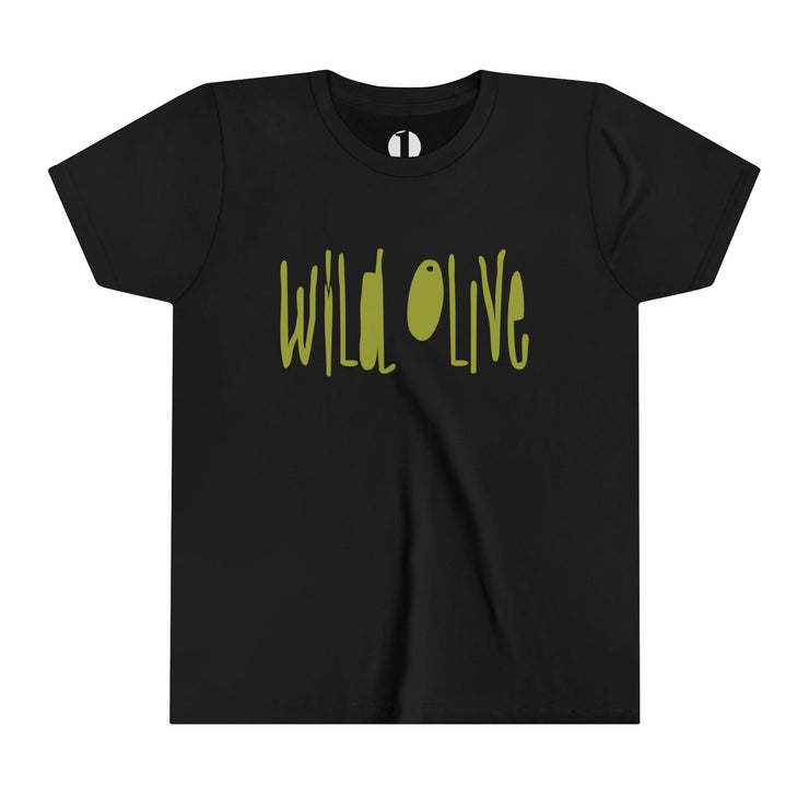 Black youth T-shirt with Wild Olive graphic based on Romans 11:17