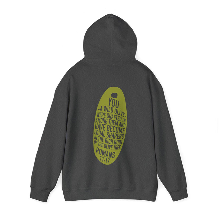 Dark gray charcoal pullover hoodie model with Wild Olive graphic based on Romans 11:17
