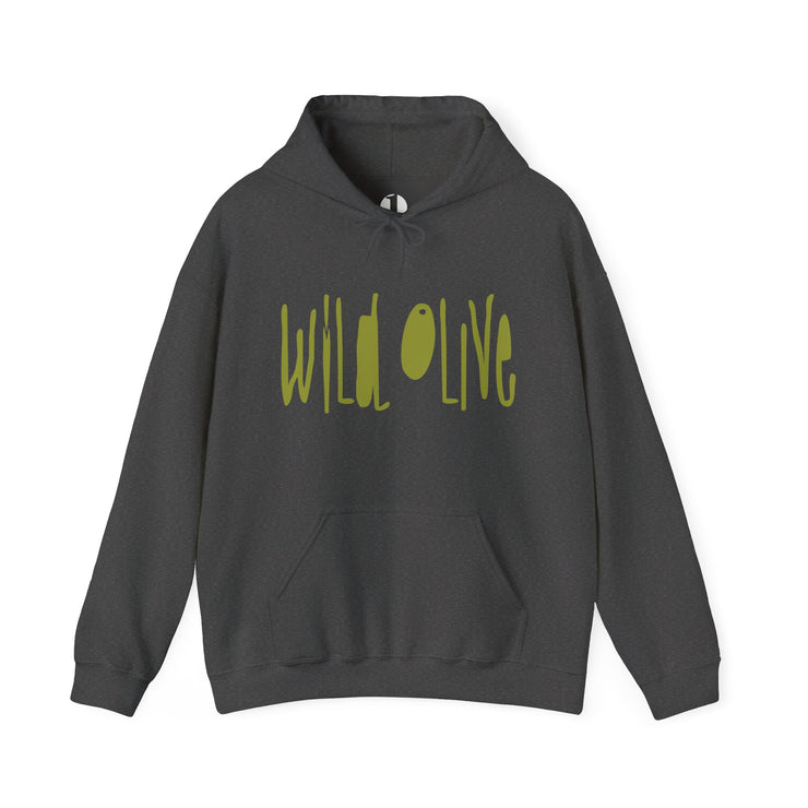 Dark gray charcoal pullover hoodie model with Wild Olive graphic based on Romans 11:17