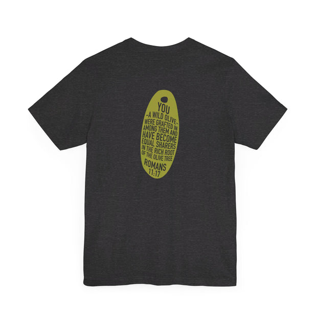 Dark gray heather unisex T-shirt with Wild Olive graphic based on Romans 11:17