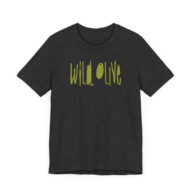 Dark gray heather unisex T-shirt with Wild Olive graphic based on Romans 11:17