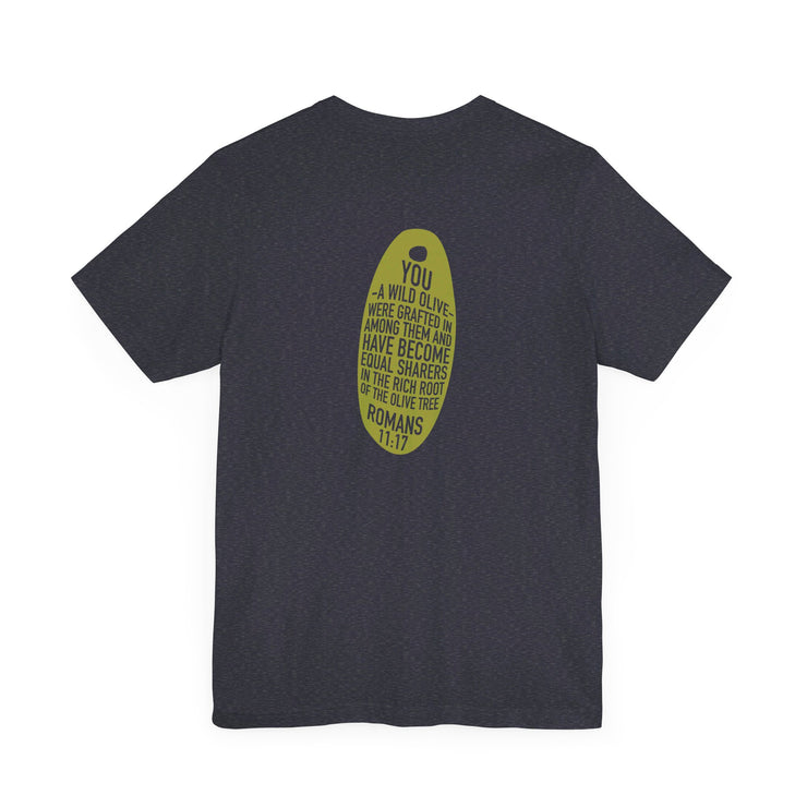 Navy blue heather unisex T-shirt with Wild Olive graphic based on Romans 11:17