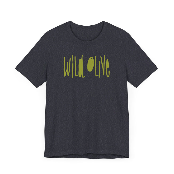 Navy blue heather unisex T-shirt with Wild Olive graphic based on Romans 11:17