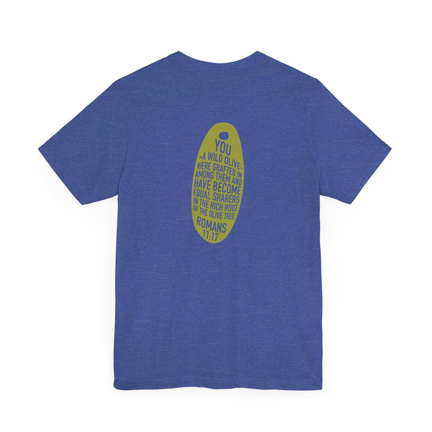 Royal blue heather unisex T-shirt with Wild Olive graphic based on Romans 11:17