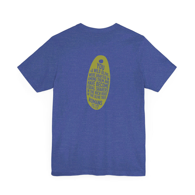 Royal blue heather unisex T-shirt with Wild Olive graphic based on Romans 11:17