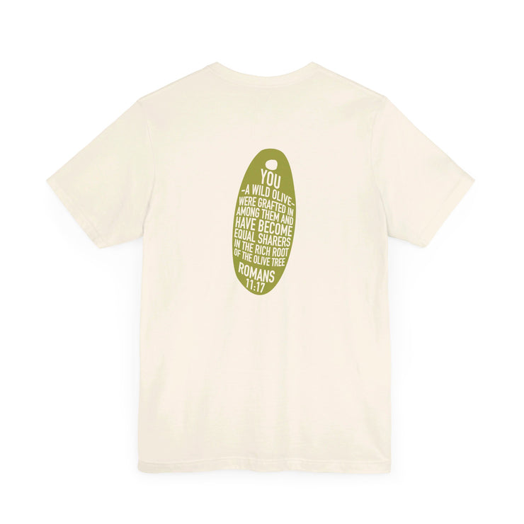 Natural unisex T-shirt with Wild Olive graphic based on Romans 11:17