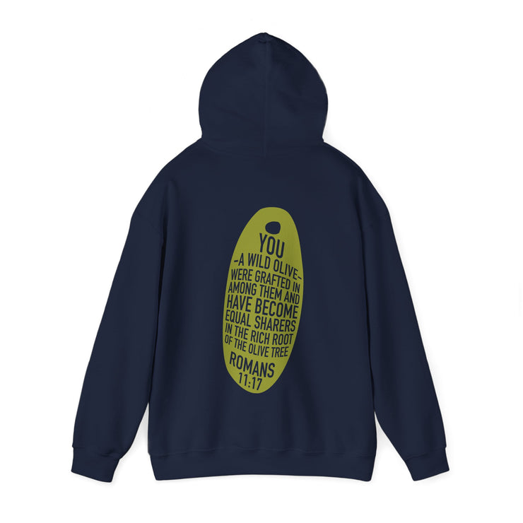 Navy blue pullover hoodie model with Wild Olive graphic based on Romans 11:17