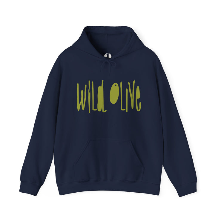 Navy blue pullover hoodie model with Wild Olive graphic based on Romans 11:17