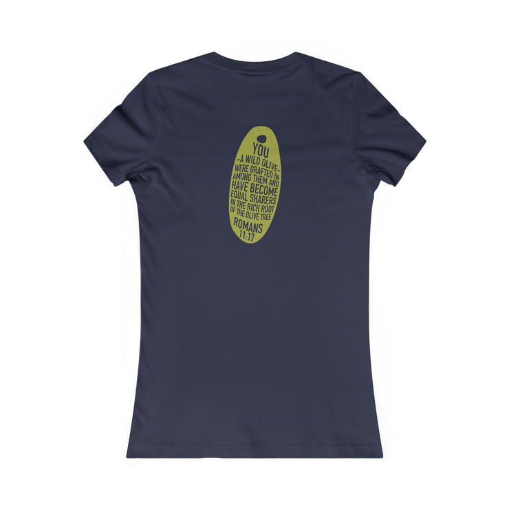 Navy blue women T-shirt with Wild Olive graphic based on Romans 11:17