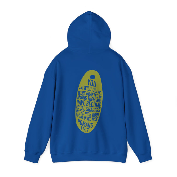 Royal blue pullover hoodie model with Wild Olive graphic based on Romans 11:17