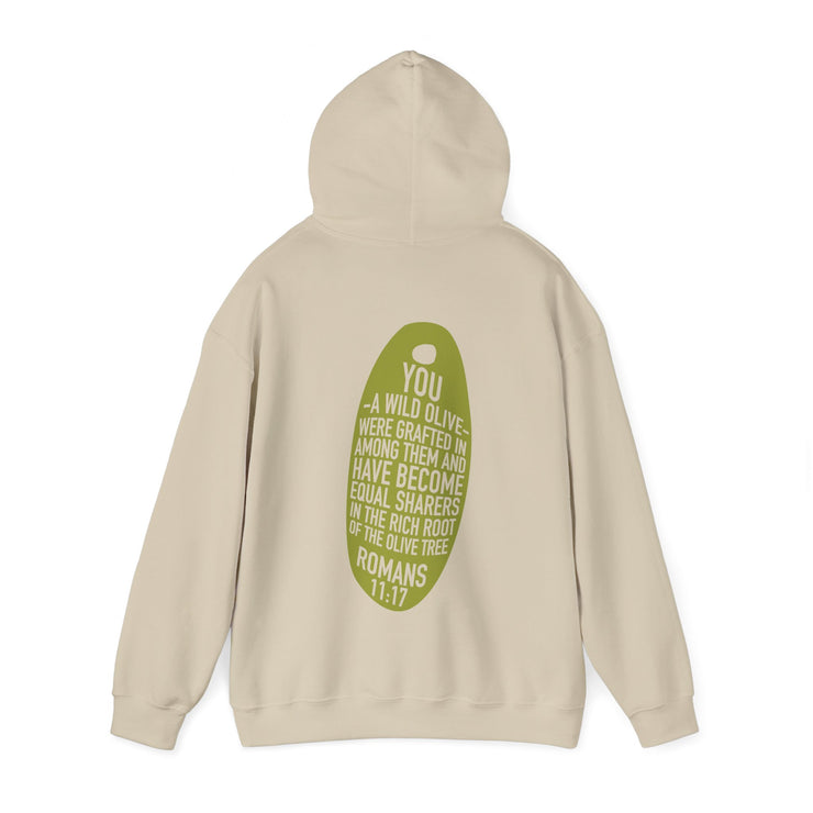 Sand pullover hoodie model with Wild Olive graphic based on Romans 11:17