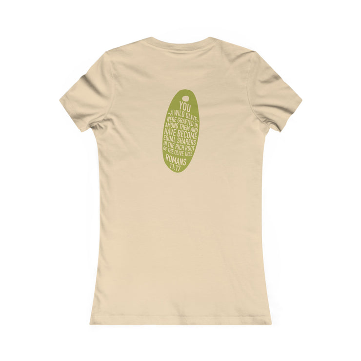 Soft cream women T-shirt with Wild Olive graphic based on Romans 11:17