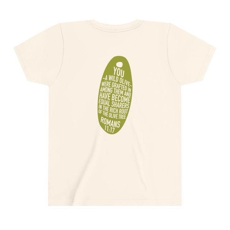Soft cream youth T-shirt with Wild Olive graphic based on Romans 11:17