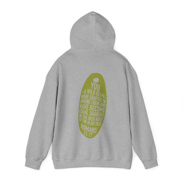 Sport gray heather pullover hoodie model with Wild Olive graphic based on Romans 11:17
