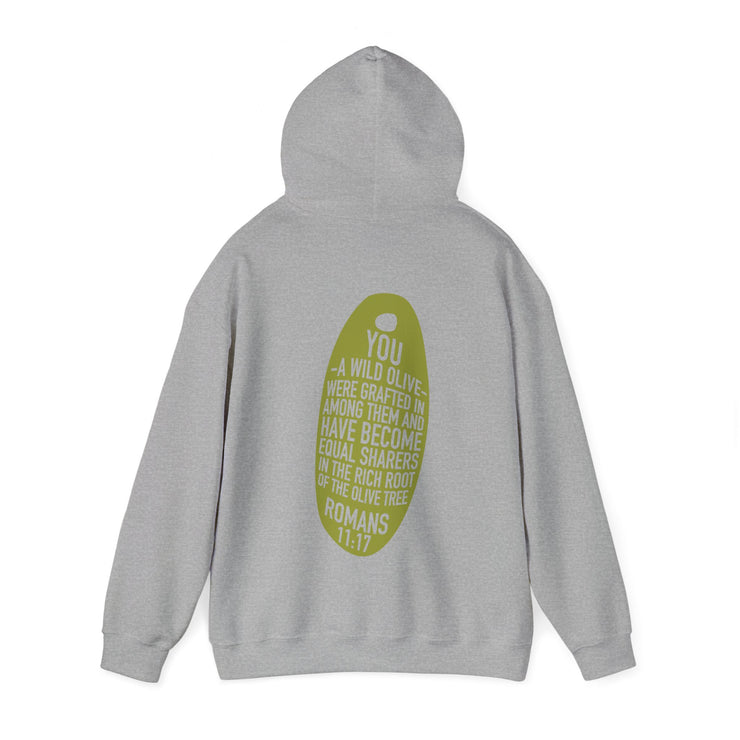 Sport gray heather pullover hoodie model with Wild Olive graphic based on Romans 11:17