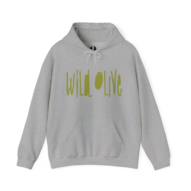 Sport gray heather pullover hoodie model with Wild Olive graphic based on Romans 11:17