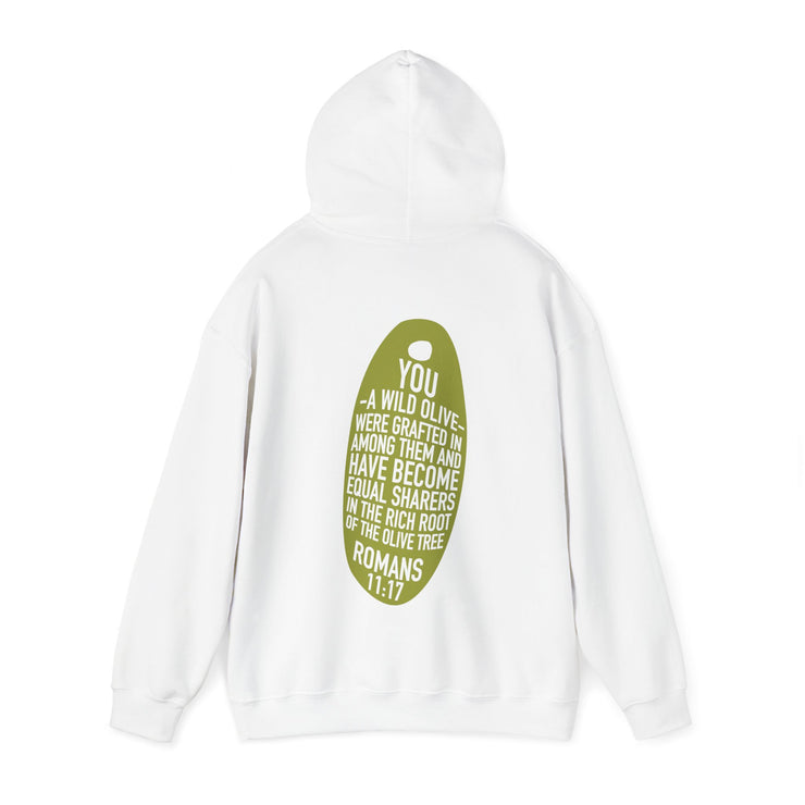 White pullover hoodie model with Wild Olive graphic based on Romans 11:17