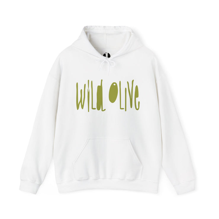 White pullover hoodie model with Wild Olive graphic based on Romans 11:17