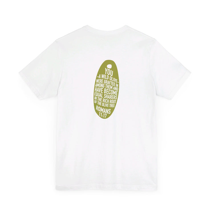 White unisex T-shirt with Wild Olive graphic based on Romans 11:17