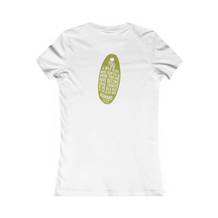 White women T-shirt with Wild Olive graphic based on Romans 11:17