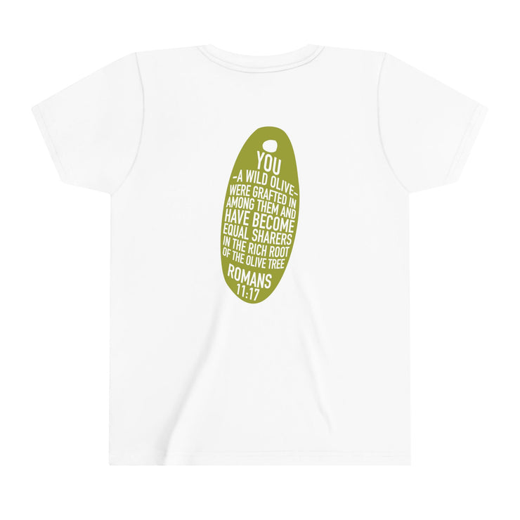 White youth T-shirt with Wild Olive graphic based on Romans 11:17