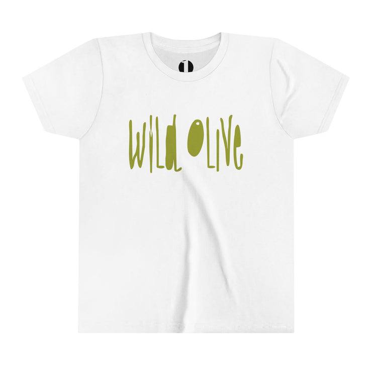 White youth T-shirt with Wild Olive graphic based on Romans 11:17